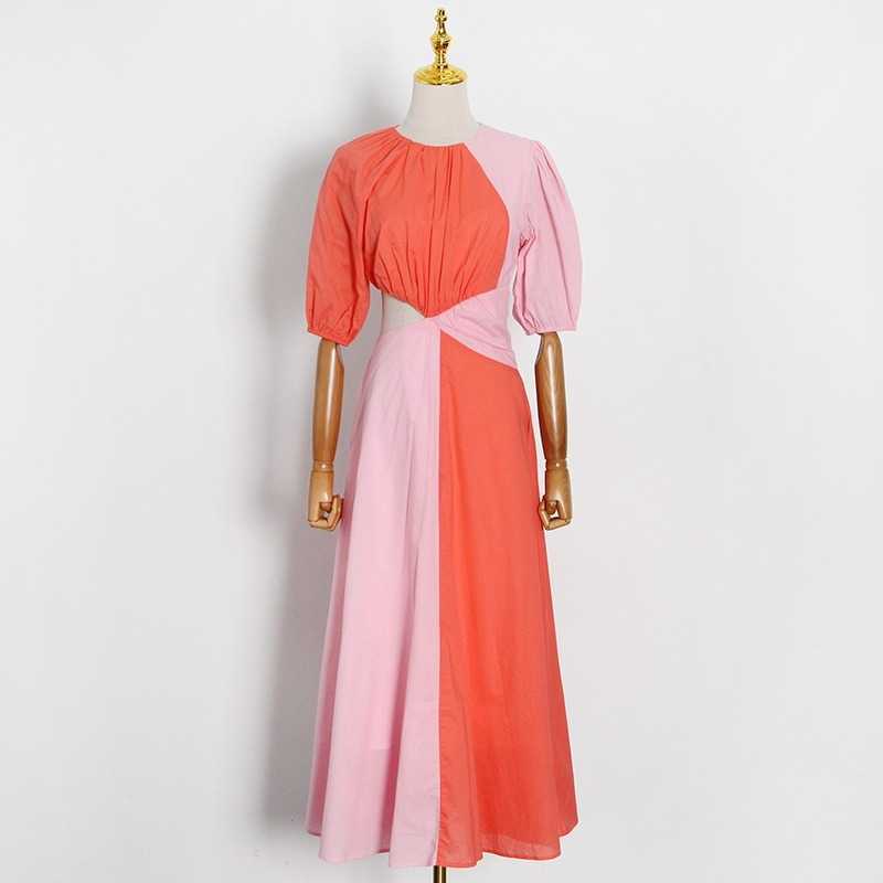 Spring Summer Bohemian Long Dresses Tie Dye Hollow Out O-neck Women Vestidos Patchwork Slim Waist Elegant Femme Robe 13A173 210525