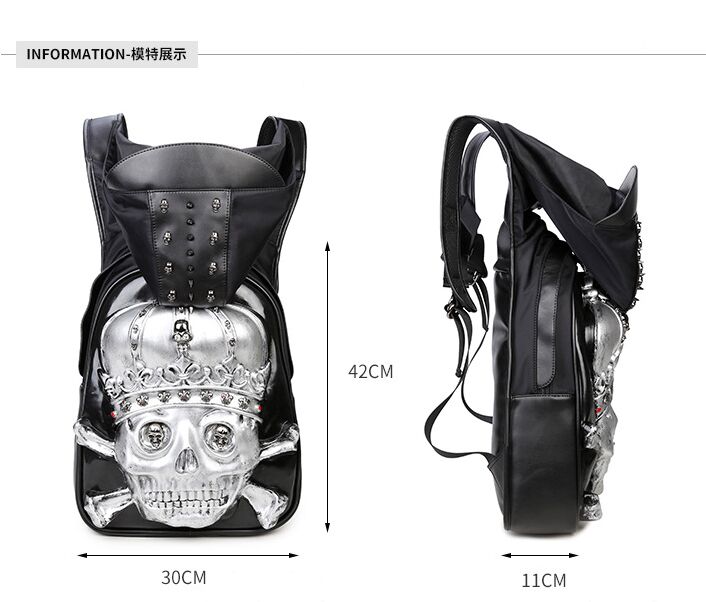 Mens Back Pack Bags With Hood Cap 3D Fashion Personality Skull Leather Backpack Rivets Apparel Bag Japanese Handbags
