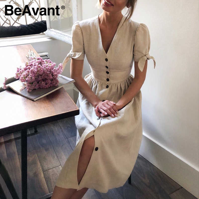 BeAvant vintage shorts sleeve women summer dress Elegant cotton high waist buttons v-neck casual dress ladies robe femme 210709