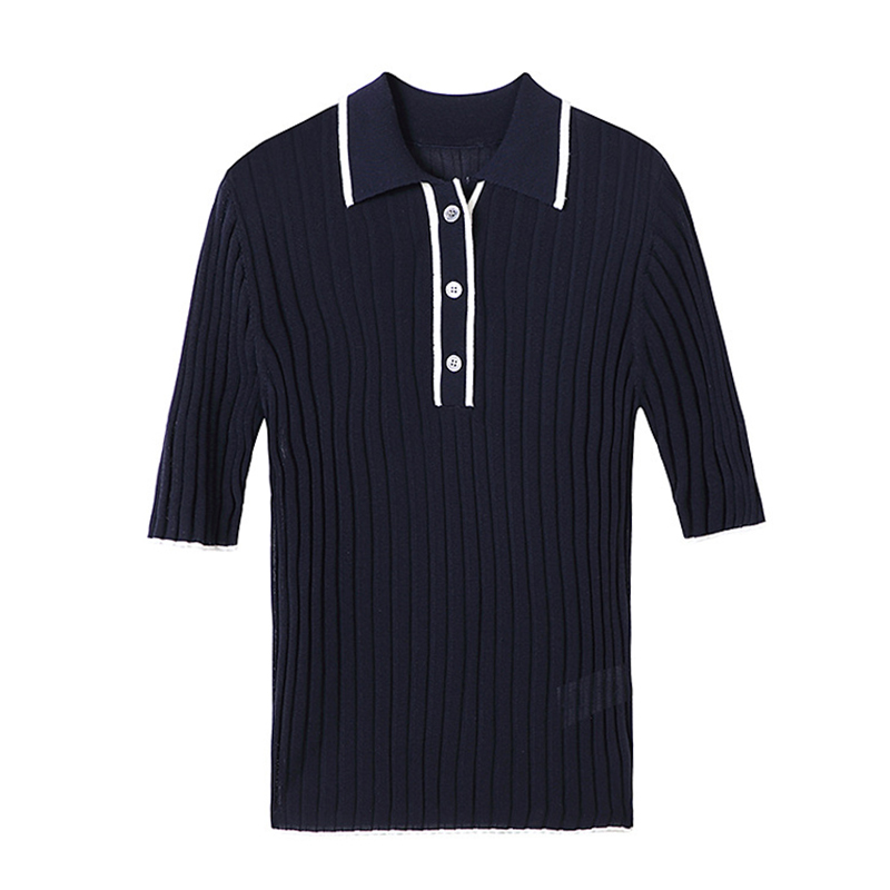 High Quality Womens Tops Summer T-Shirt Slim Button Retro V-Neck Knitted Thin Short Sleeve Knitwear A-002 210522
