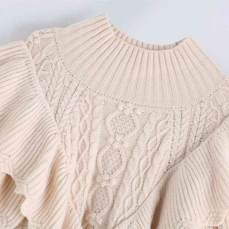Vintage Woman Beige Loose Ruffles Turtleneck Sweaters Autumn Winter Fashion Ladies Soft Knitwear Female Casual Thick Tops 210515