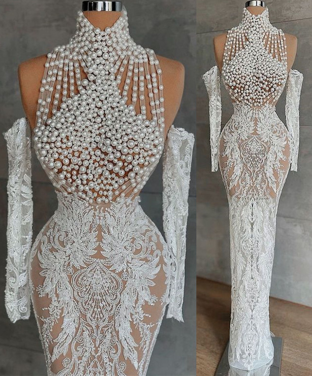 2025 Plus Size Aso Ebi Wedding Dress | Lace Pearls Sheath Bridal Gown