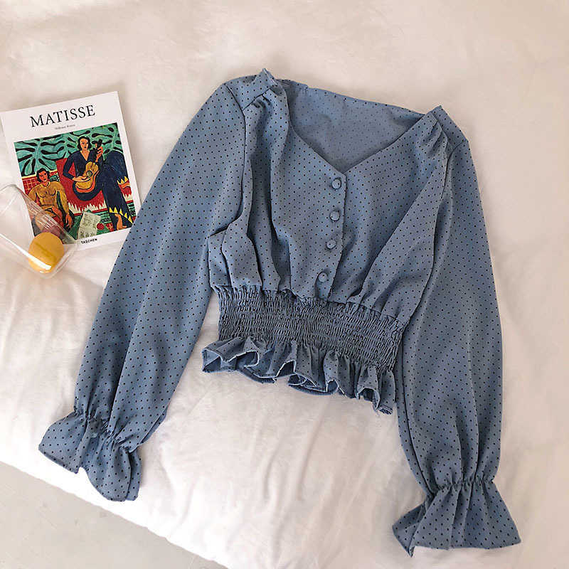 Vintage V-neck Flare Sleeve Polka Dot Women Blouse Shirts Elegant Front Buttons Slim Waist Ruffles Female Blouse blusas T191218