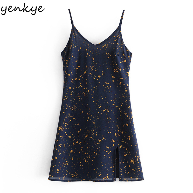 Vintage Spot Print Summer Dress Women Sexy Sleeveless V Neck Hem Slits A-line Mini Chiffon Short Robe 210430