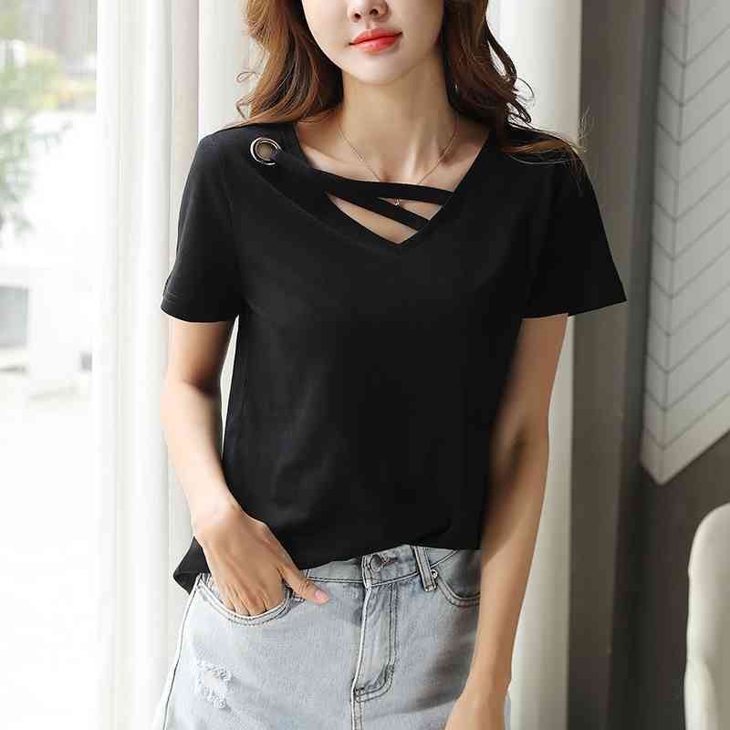 fashion women t-shirt casual summer tops v collar cotton t shirt short sleeve shirts white T-shirt s clothing 2573 50 210506