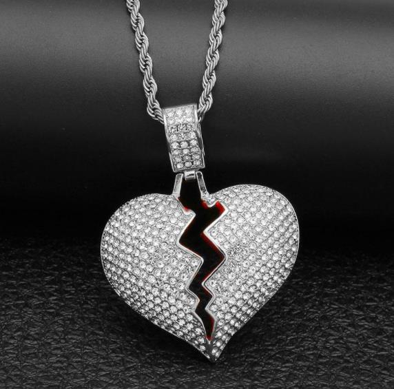 Broken Heart Iced out Pendant Necklace Men's Bling Crystal rhinestone Love charm Gold Silver Twisted chain For women Hip hop Jewelry