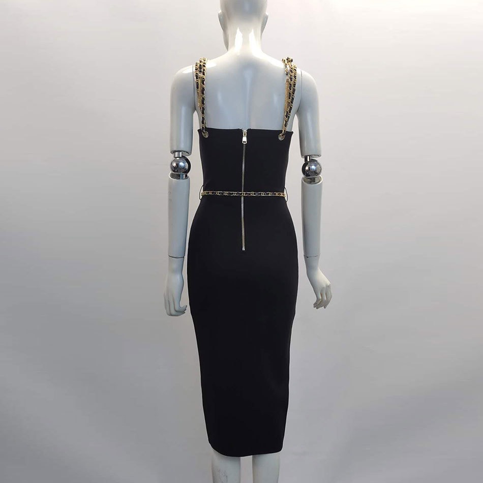 Free Chain Strap Sleeveless Midi Bandage Dress Women Sexy Bodycon Waist Split Club Party es 210524