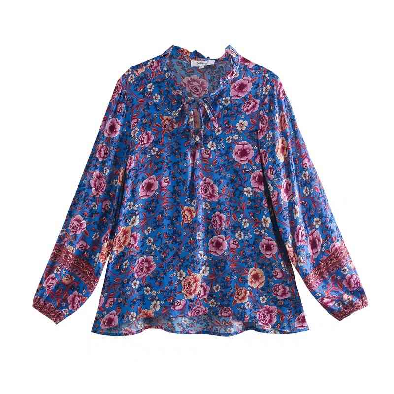 3 colors Bohemian Floral Print Pullover Shirt Ethnic Women Bow Lace Up Wood ears Collar Long Sleeve Blouse Tops 210429