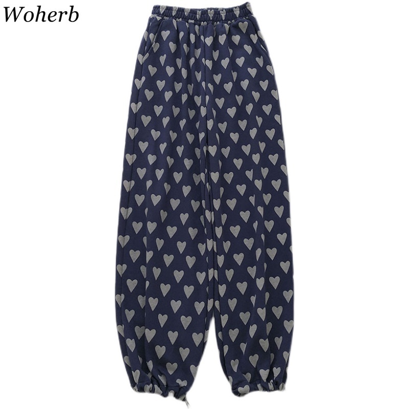 Casual High Waist Sweatpants Women Loose Vintage Leart Print Harem Wide Leg Trouser Summer All Match Pant Streetwear 210519