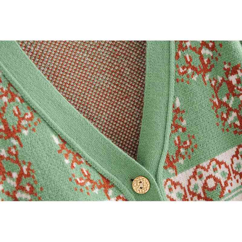 France Green Jacquard Flower Slim V neck Cardigans Women Sweater Retro Buttons Long sleeve Knitting Tops Vintage 210429