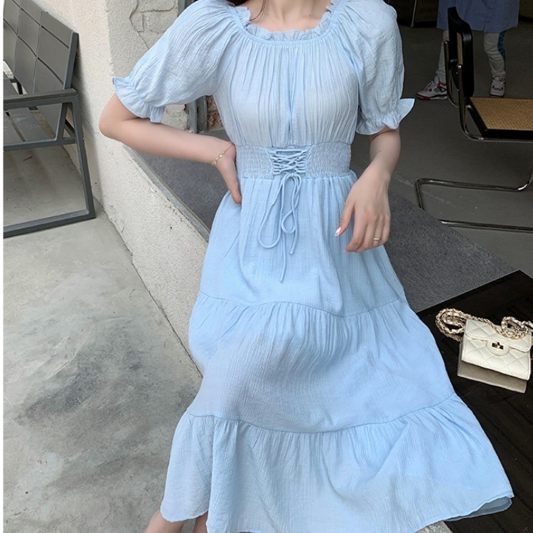 French Women Summer Midi Beach Dress Fashion Sweet Puff Sleeve High Waist Lace Up Elegant Solid Woman Dresses Female 210519