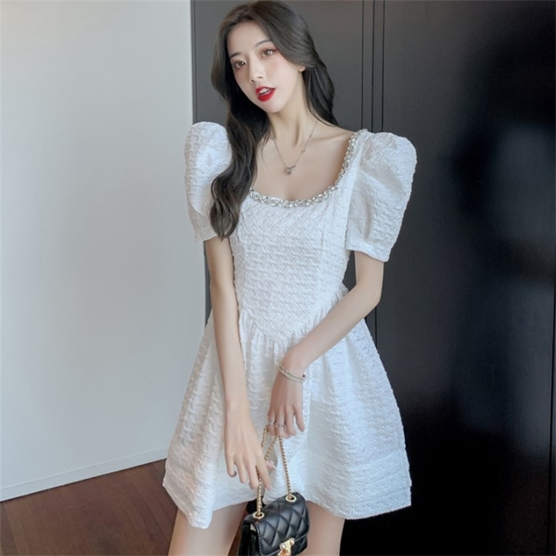 Fashion Women Sweet Dresses Summer White Puff Sleeve Diamond Square Collar High Waist Slim Dress 210519