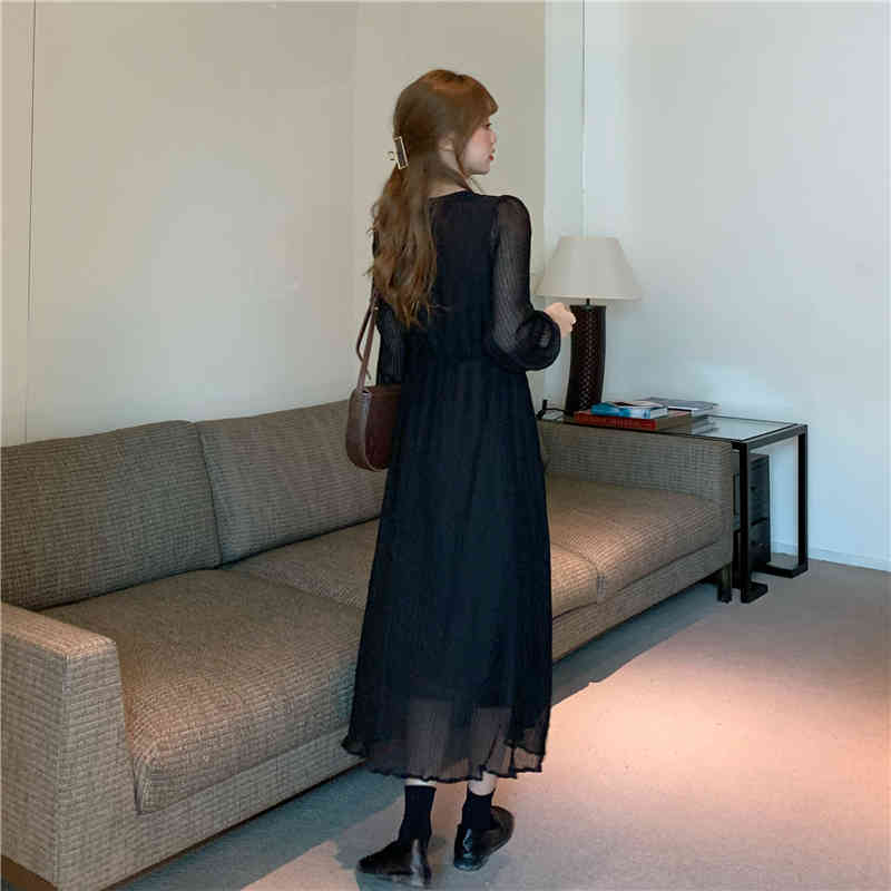 Elegant Dress Women Casual Lace Long Sleeve Dress Korean Button Evening Party V-neck Vintage Dress Female Autumn 210521