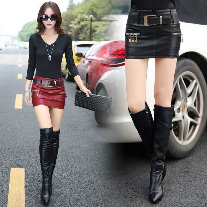NYFS Style Spring Autumn Winter Women black color Slim PU Leather skirt Hip faldas S-XL Size(No belt) 210619