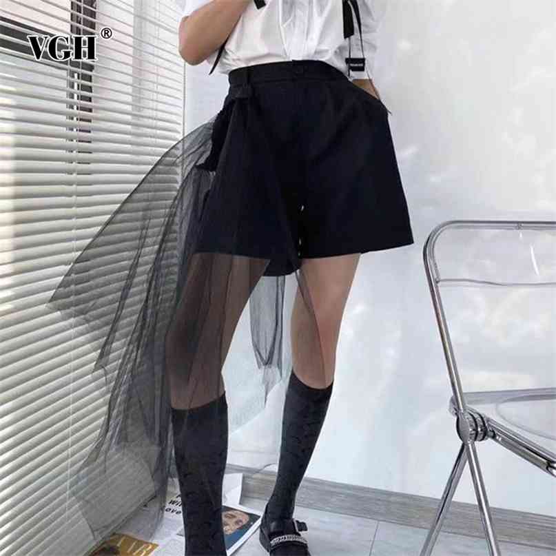 Casual Black Patchwork Mesh Irregular Short For Women High Waist Straight Loose Korean Shorts Female Summer Fashion 210531