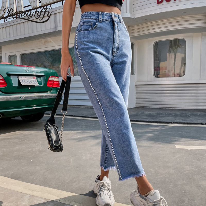 Side Detail Raw Hem Boyfriend Jeans Woman Korean Fashion Streetwear High Waist Baggy Casual Mom Straight Denim Pants 210510