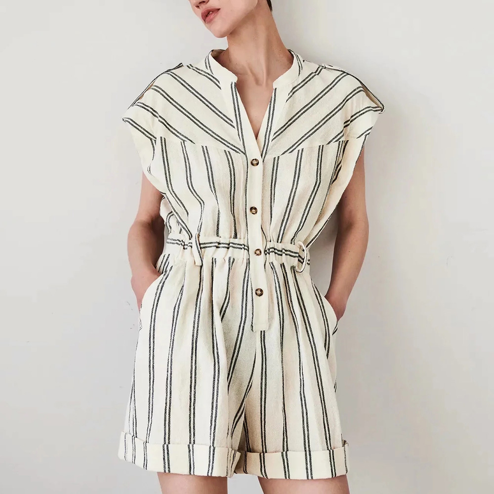BBWM Summer Women Jumpsuits Fashion Short Sleeve Stripe V-Neck Female Casual Jumpsuits Chic Elastic Waist Women 210520
