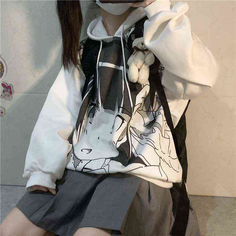 QWEEK Anime Sweatshirt with Print Spring Women Japanese Harajuku Manga Kawaii Cute Hoodies Streetwear Women White Tops 211108