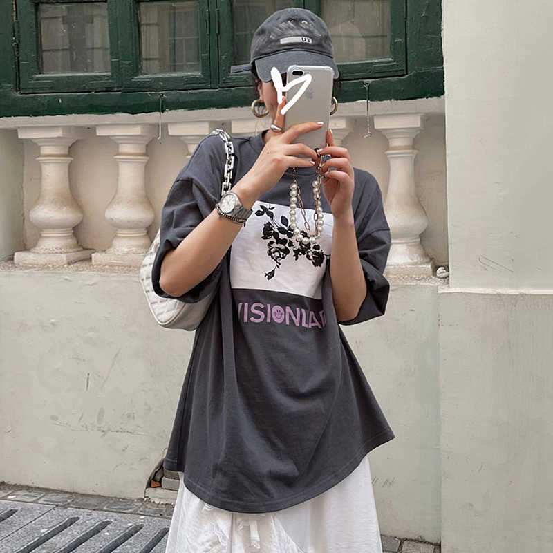 Korejpaa Women T-Shirt Summer Korean Chic Casual Round Neck Letter Flower Print Loose Versatile Short-Sleeved Pullovers 210526