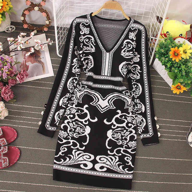 Fashion Sweater Dress Women Spring Autumn Stretch Knitted Dresses Boho Print Casual Slim Long Sleeve Bodycon Vestidos 210519