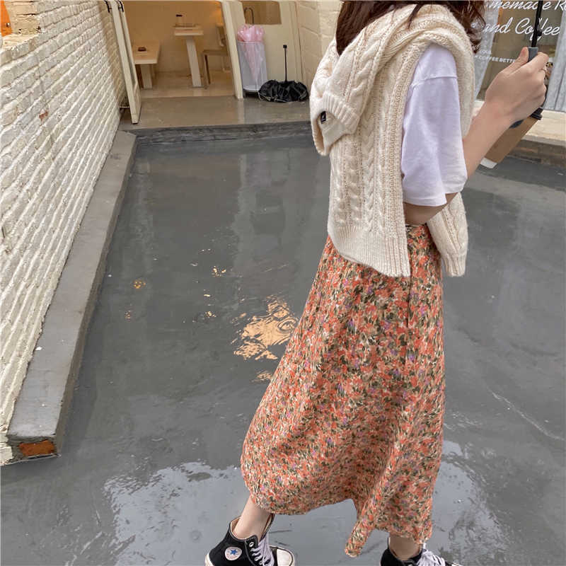 Spring Vintage Floral Print Ruffle Pleated Long Skirt Korean Streetwear Drawstring Elastic Waist Midi 210621