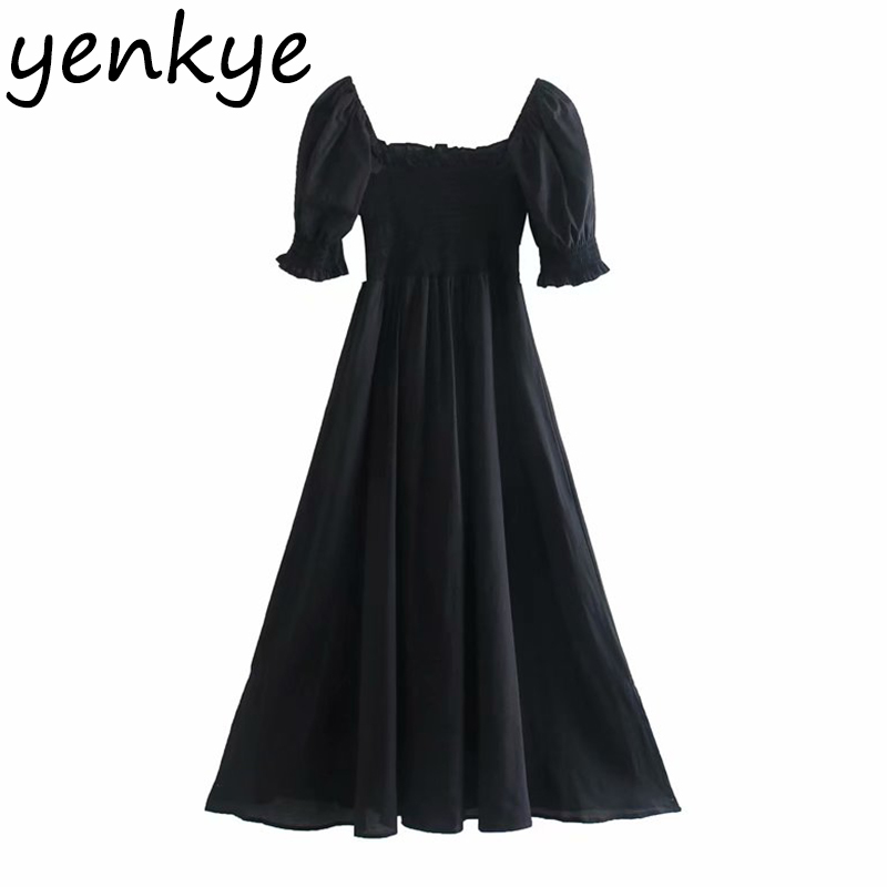 Summer Women Vintage Black Flowy Long Dress Sexy Square Neck Puff Sleeve Holiday Party Dresses Female Chic Vestido 210430