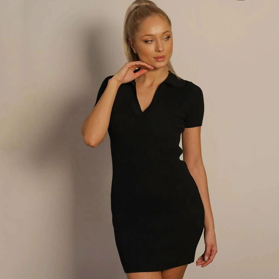 Free Summer Solid Color Knit Dress Women Lapel Short Sleeve Bodycon Ribbed Mini Club Evening Party Vestidos 210524
