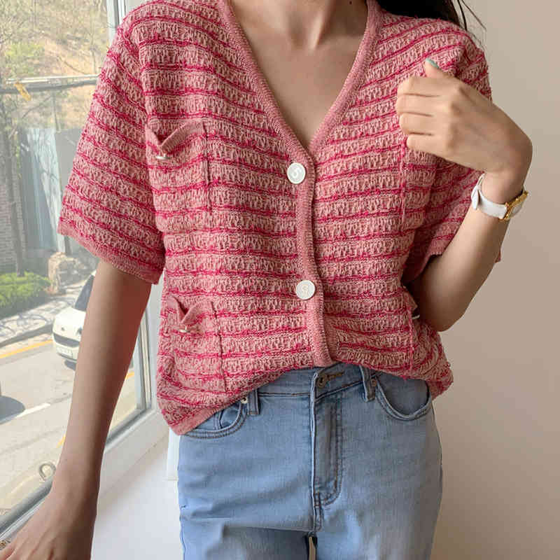 Women Sweater Summer Korean Chic Retro Temperament V-Neck Multi-Pocket Loose Button Short-Sleeved Knitted Cardigan 210514