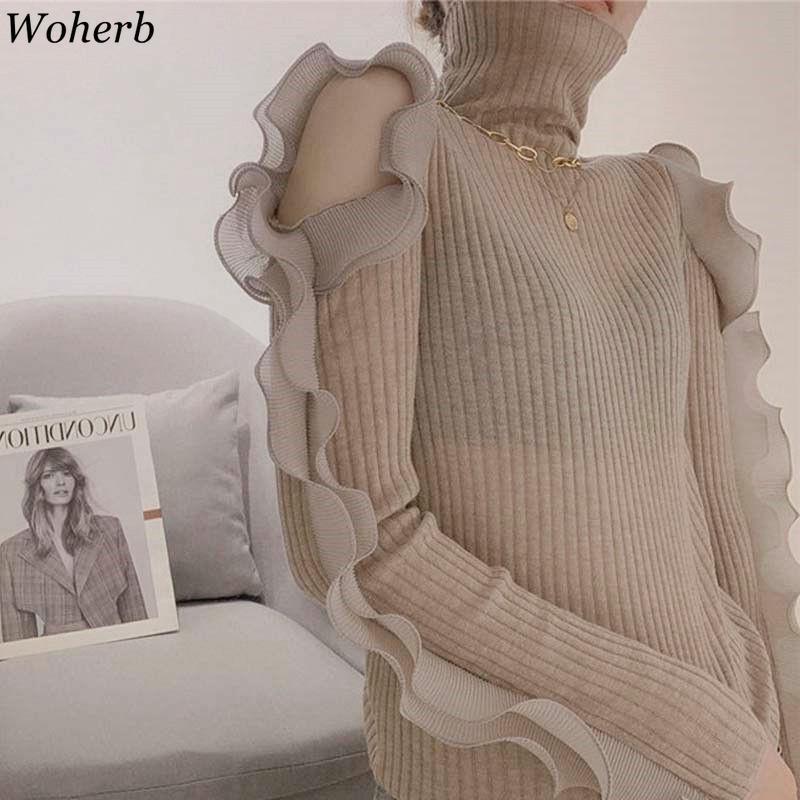 Fall Women Clothes Turtleneck Hollow Out Off Shoulder Knit Pullovers Ruffles Slim Fir Sweaters Jumper Sueter 210519