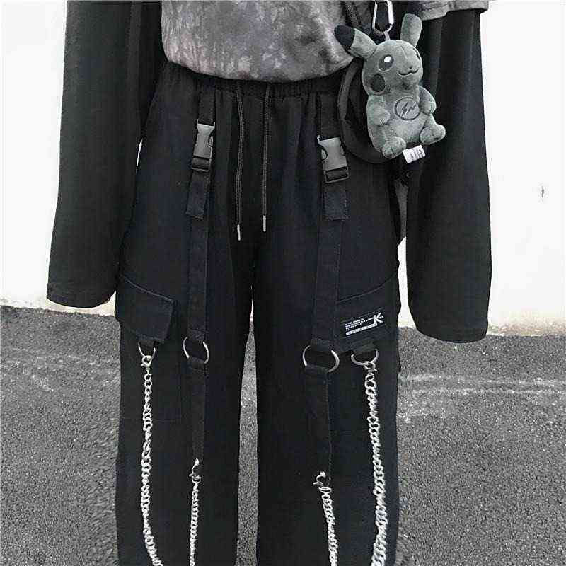 QWEEK Gothic Harajuku Cargo Pant Punk Chain Wide Leg Korean Style Oversized Streetwear Trousers Female Techwear Emo 211124