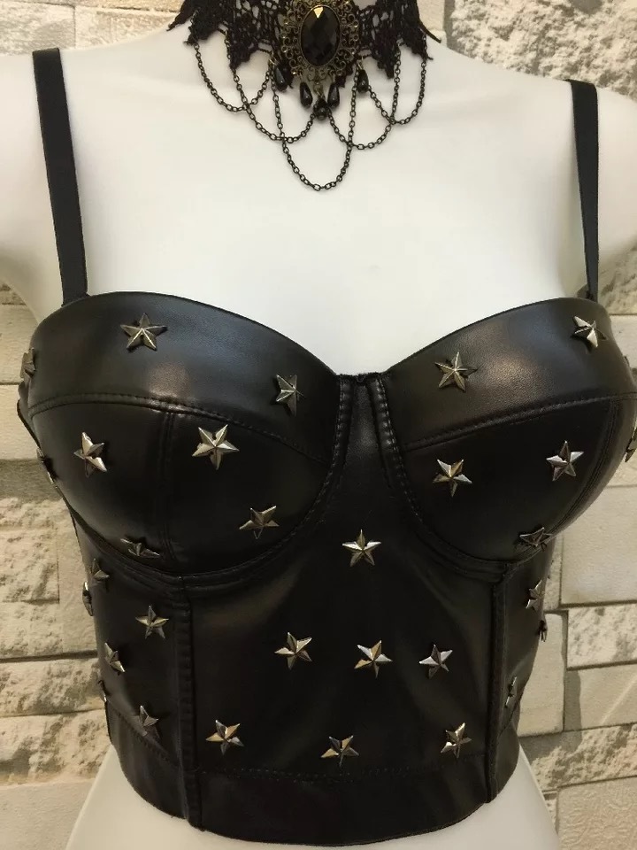 Sexy Club Women Star Rivet Bra Strapless Bralette Crop Top Performance Ball Female PU 210421