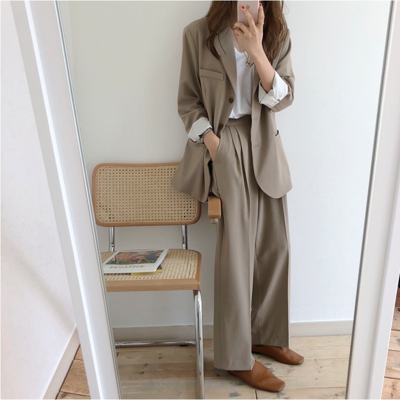 Korea Chic Spring Two-Piece Set Office Ladies Casual Blazers+High Waist Straight Long Trousers Women Fashion Pant Suits 210519