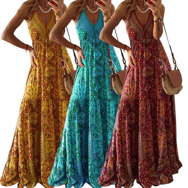 Getspring Women Dress Sleeveless V-neck Printing Bohemian Dresses For Plus Size Long Flower Summer Sexy 210524