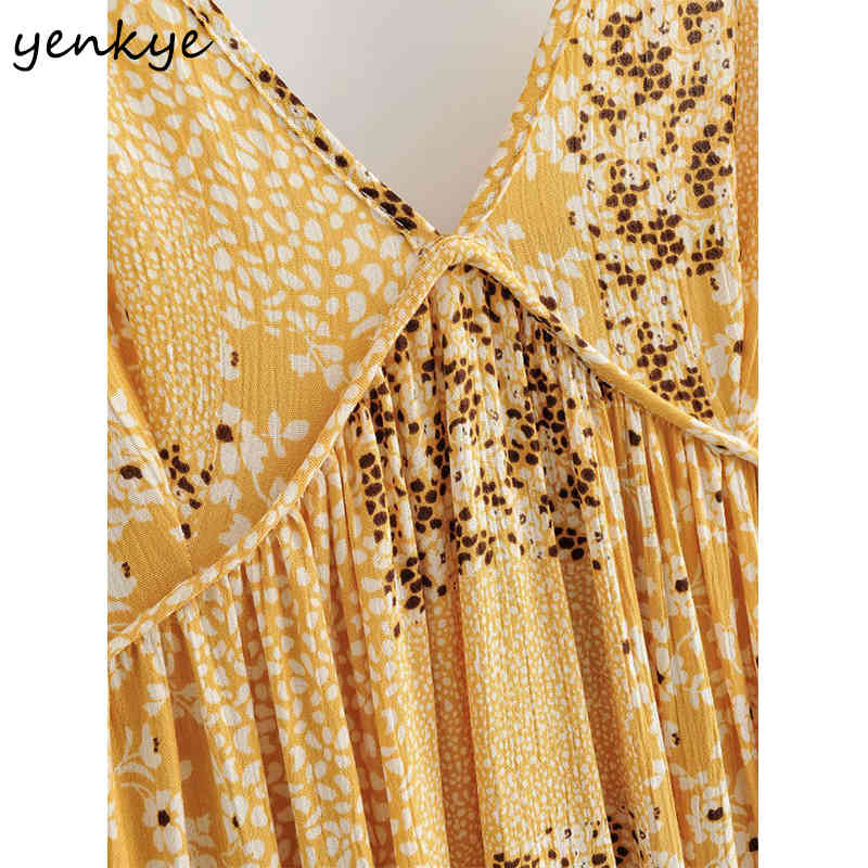 YENKYE Yellow Vintage Floral Print Sexy Sling Dress Women Backless V Neck Sleeveless Holiday Summer Beach Dress Short Robe 210515