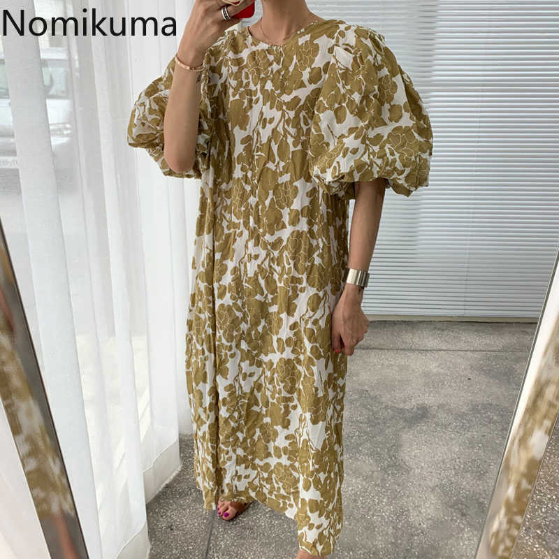 Nomikuma Summer Robe Femme O Neck Puff Sleeve Dress Women Casual Loose Floral Printed Dresses Female Korean Vintage Vestidos 210630