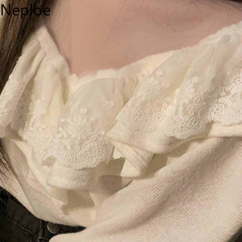 Neploe Sweet Ruffles Sweaters Women Sexy V-neck Lantern Sleeve Knitted Pullovers Korean Fashion Jumper Tops Sueter Mujer 4G521 210422