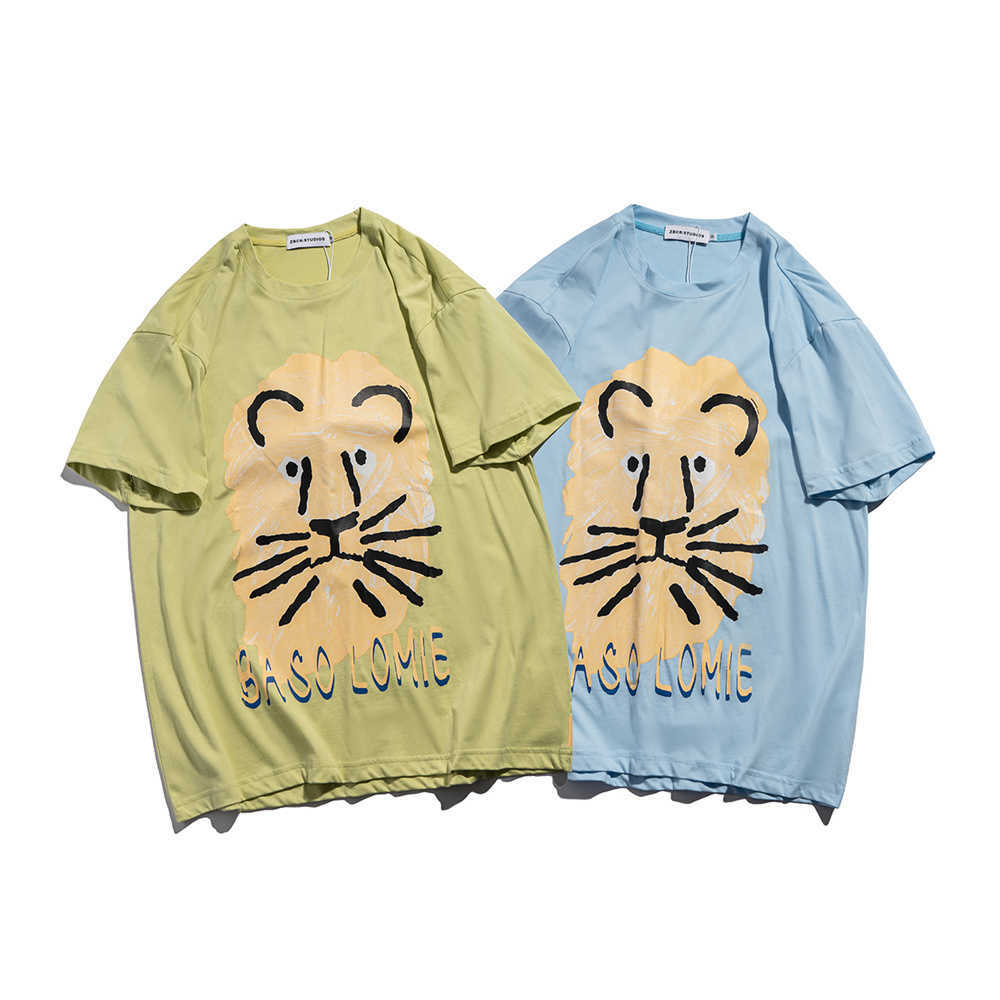 Men's Hip Hop Streetwear T Shirt Funny Lion Print T-Shirt Harajuku Cotton Summer Loose Short Sleeve Tshirt Tops Clothing 210601