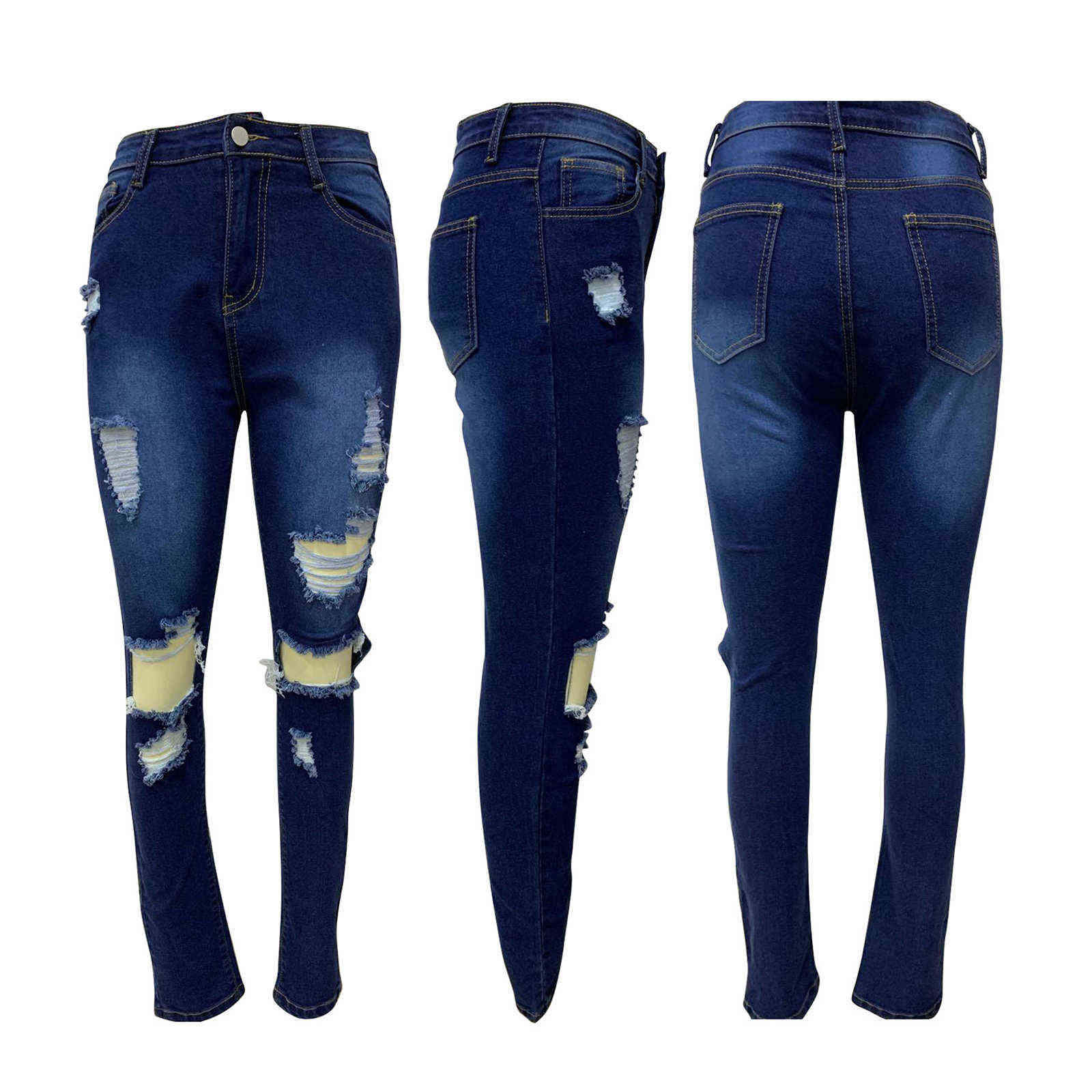 Autumn Fashion Womens Slim Fit Jeans Solid Color Ripped Hole Tassel Stretch Mid-waist Denim Pencil Long Pants Trousers 211129