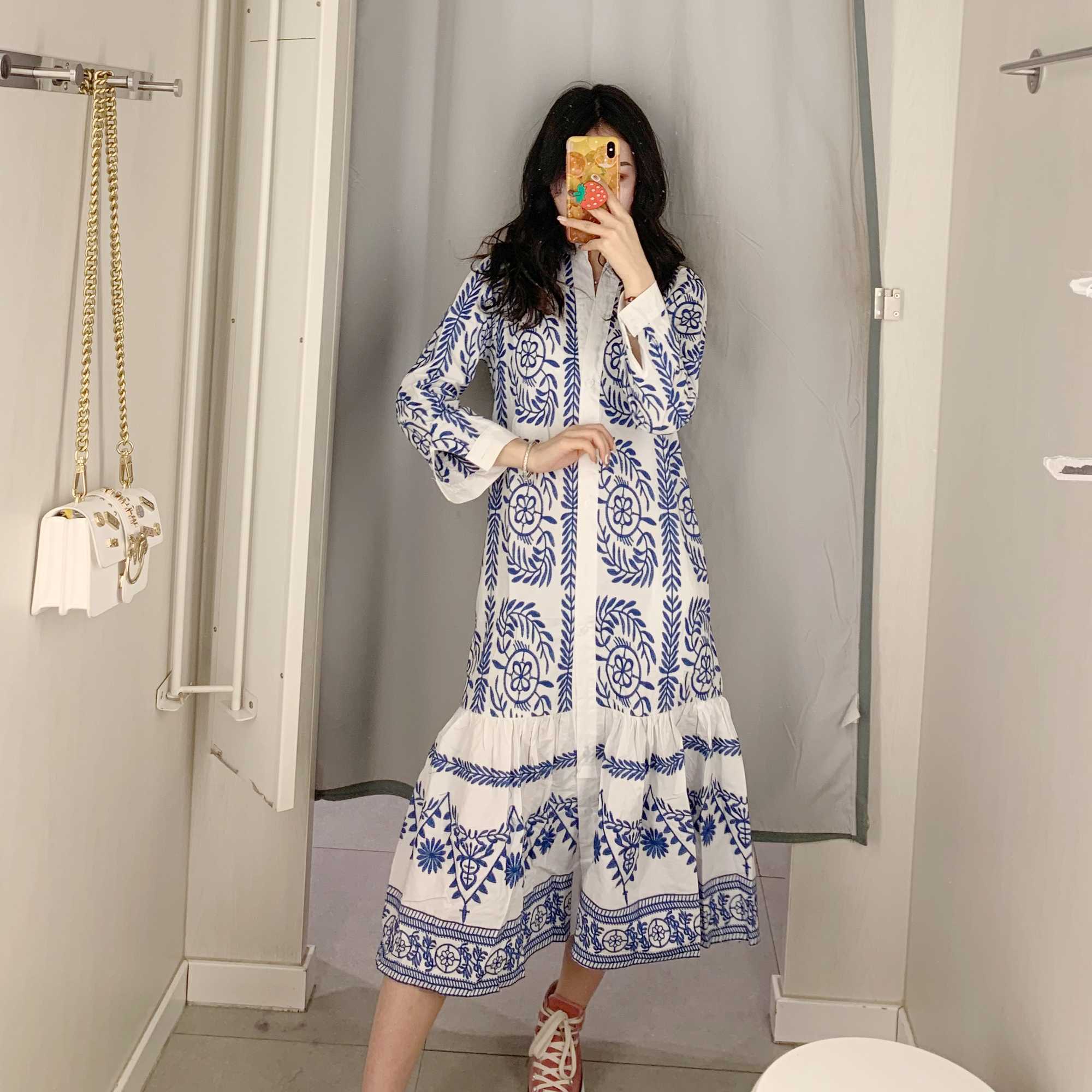 Spring and Summer Fashion Casual Loose Print Long-sleeved Dress Elegant Temperament Comfortable Retro Female 210615Z