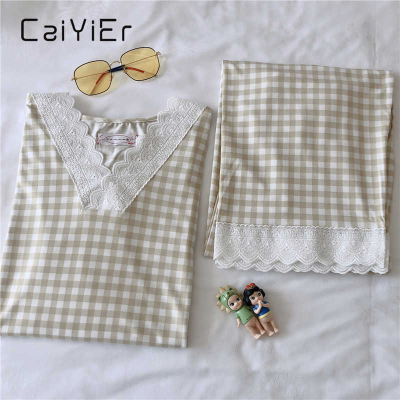 CAIYIER Women Grid Pajamas Set Princess Sweet Fashion Cute Sleepwear Sexy Lace Long Sleeve Pant V-Neck Loose Homewear 2Piece/Set 210924