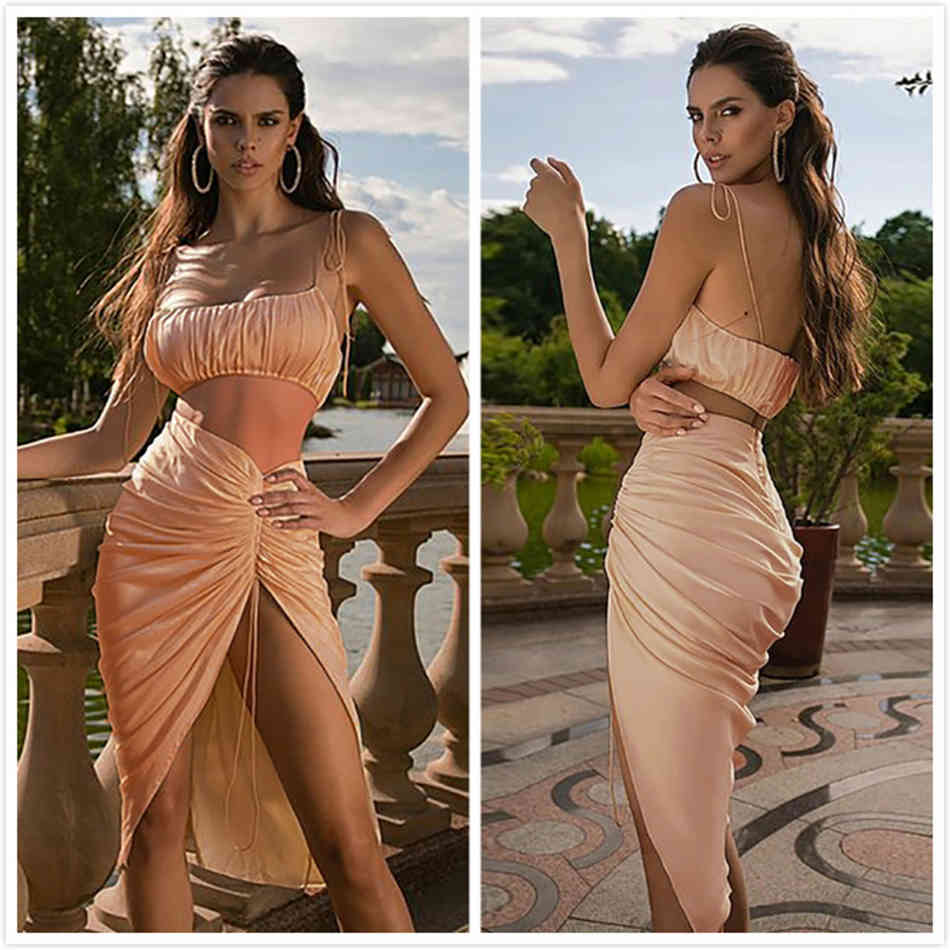Free Ladies Summer Midi Skirt Set Sexy Spaghetti Strap Short Vest Top & Draped Lace-Up Party Two-Piece 210524