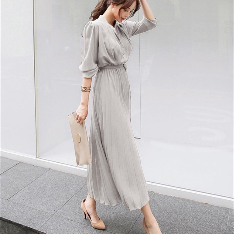 Women's Dress Spring Pleated Fashion fashion Slim High Waist Long Temperament Office Female Dresses Sleeve Casual 210519