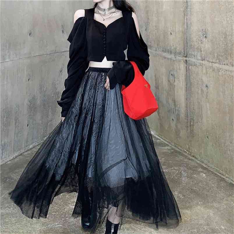 Elegant Two Piece Set Women' Sexy Shoulder Short Blouse + High Waist Mesh Long Skirt Spring Girls Sweet Skirts Suit 210519, Black
Elegant Two Piece Set Women' Sexy Shoulder Short Blouse + High Waist Mesh Long Skirt Spring Girls Sweet Skirts Suit 210519, Black