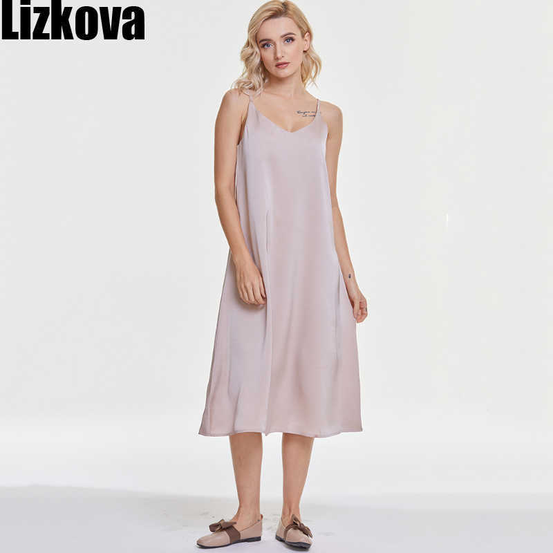 Lizkova Summer Satin Dress Women V-neck Sleeveless Vestidos Green Spaghetti Strap Robe Strap Adjust 210630