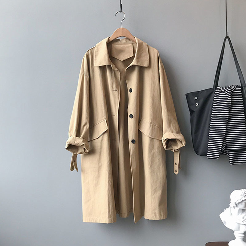 Long Trench Coat For Women Fashion Loose Cotton Overcoat With Pockets Solid Single Breasted Casual Windbreaker Outerwear 210515