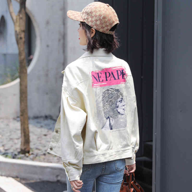 Autumn Korea Fashion Women Long Sleeve Loose Pink Jackets all-matched Casual Back Print Cotton Denim Short Coat S191 210512