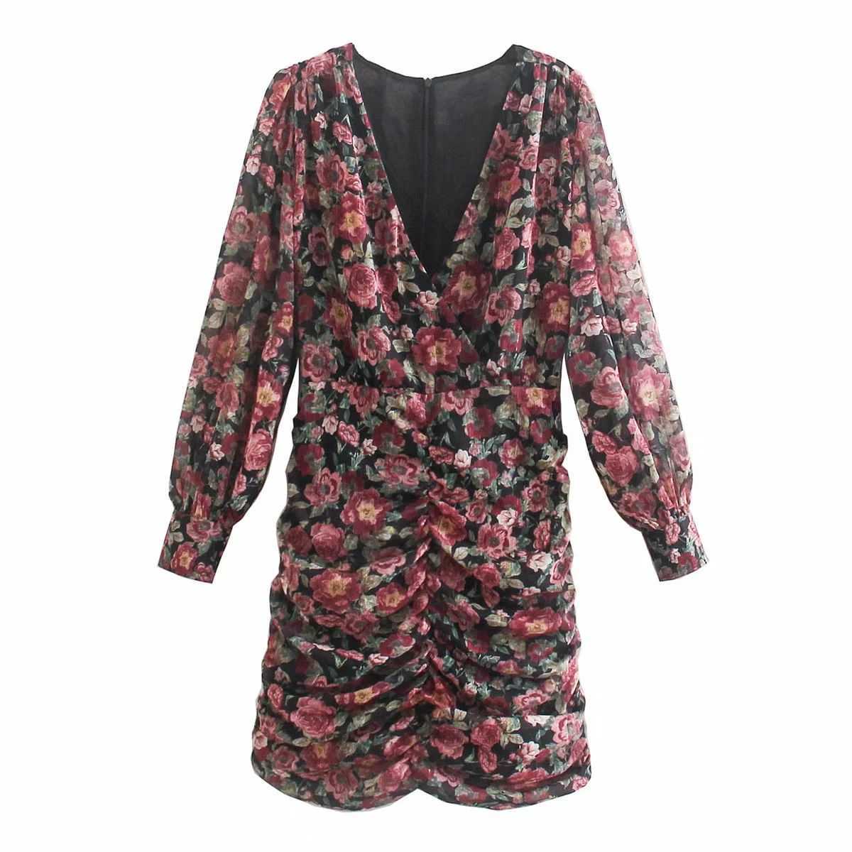 Women Drapped Dress Floral Printed V-neck Short Mini dress Long Sleeves Chic Lady elegant Vintage Casual Woman Dresses 210709