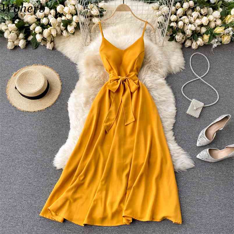 Summer Korean Chic Sexy Yellow Spaghetti Strap V-neck Party Dresses Vintage Solid Bandage Slim Long Robe Vestidos 210519