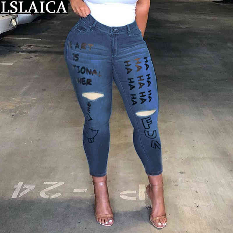 Full Length Jeans Fashion Printed Graffiti Letters Denim Pants Placket with Zipper Casual Hole Skinny Pantalones De Mujer 210515