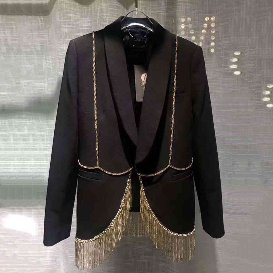 Fall Streetwear Coat Jacket Women's Tassel Chain Short Slim Cardigan Clip White Black V-neck Sexy Party 210525